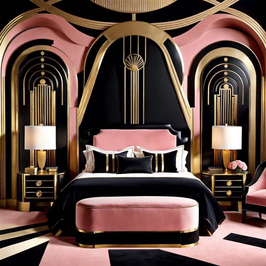 Art Deco Bedroom in Black, Gold, and Pink