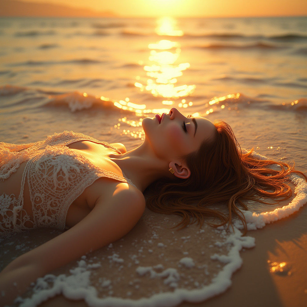 Woman Sunbathing on Golden Shoreline, Detailed Matte Paintin...