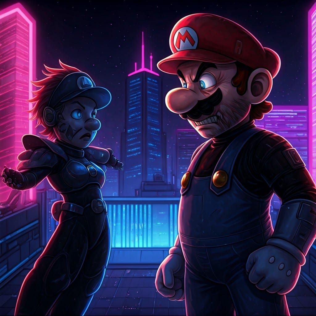 Cyberpunk Mario Confronts His Dark Dystopian Alter Ego