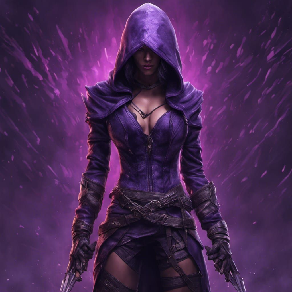 Muscular Female Assassin in Dark Purple Outfit