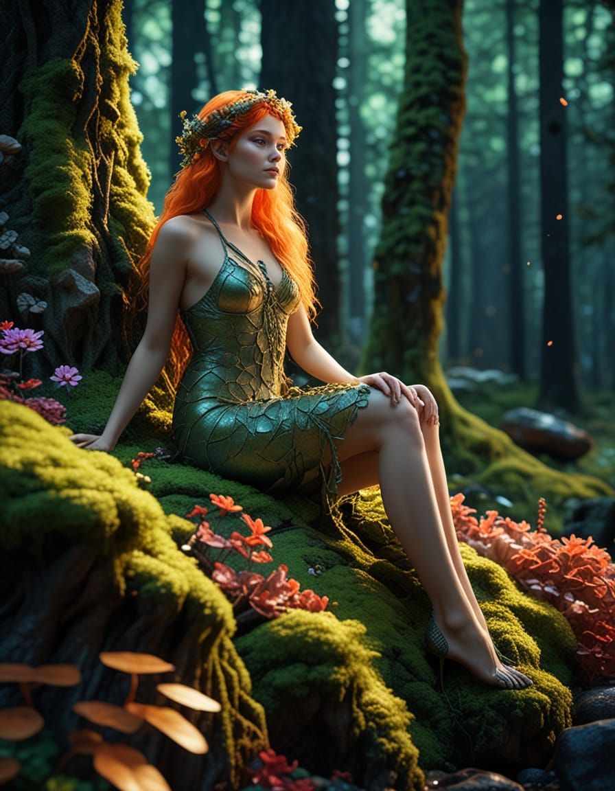 Bioluminescent Dryad in Hyperrealistic Forest