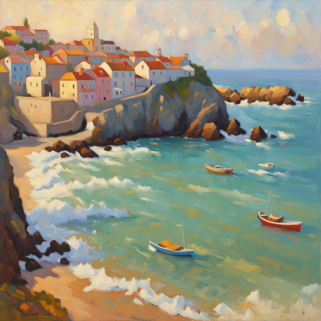 Coastal Town in Baroque Oil Painting with Impasto Layers