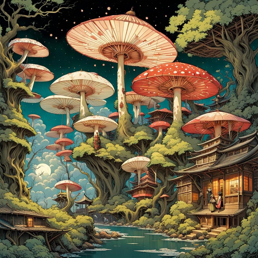 Mythical Mushroom City Under Glittering Stars