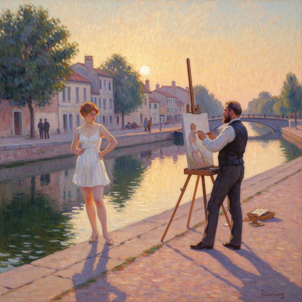 Impressionist Canal Scene with Artist and Model