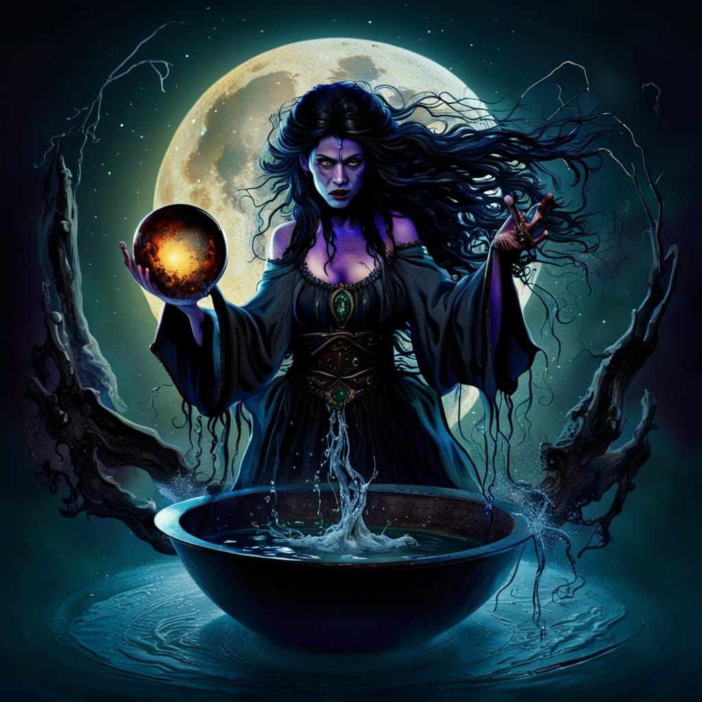Scary Witch Casting Spell, Detailed Matte Painting