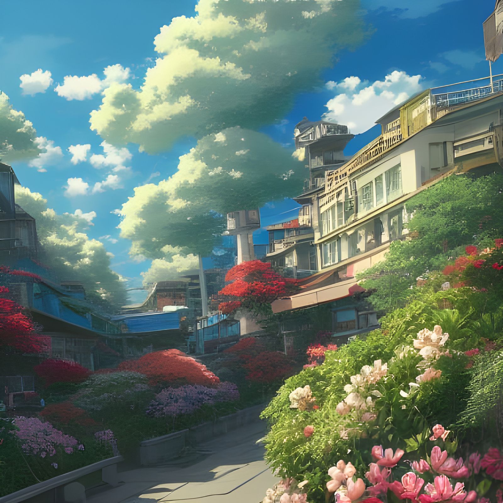 Hyper-Detailed Anime Summer Street Scene in Atompunk Style