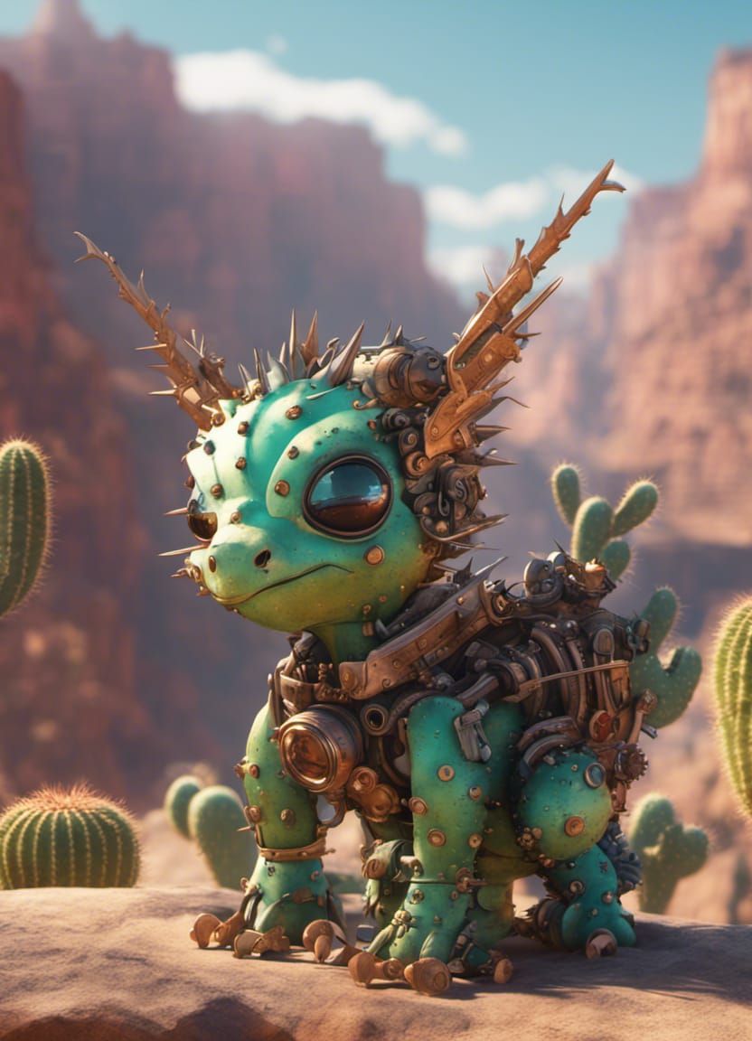 Steampunk Cactus-Dragon Baby in Kawaii Style