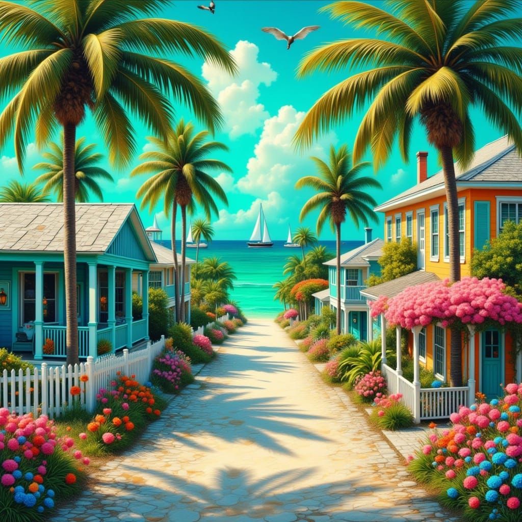 Vibrant Key West Street Scene in Impressionist Style