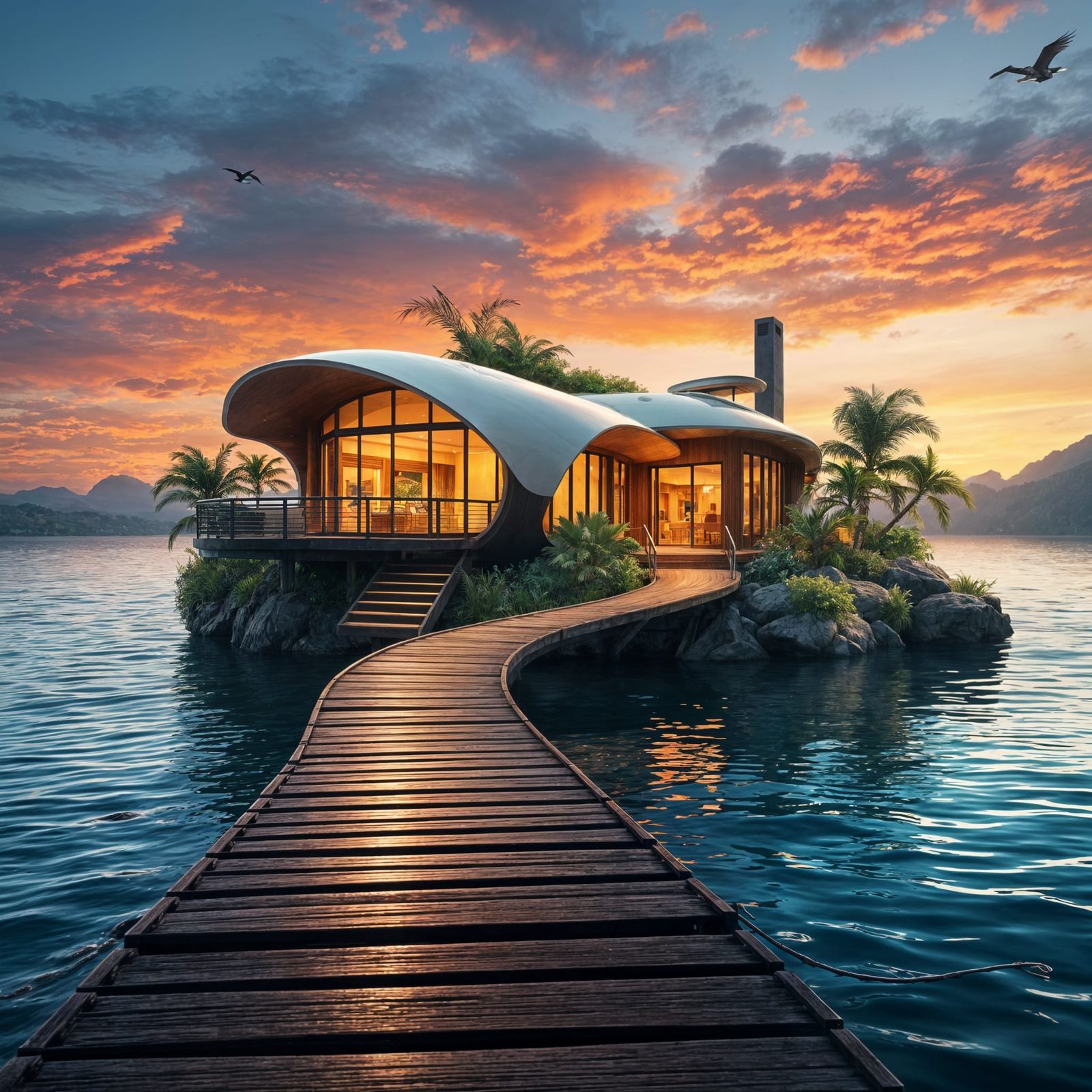 Slightly Futuristic Waterfront Estate in Hyperrealistic Deta...