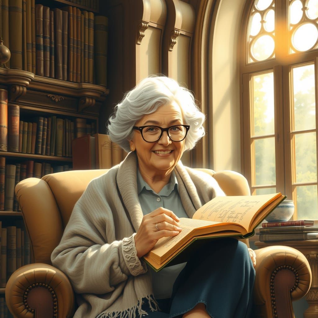 Serene Elderly Woman in a Cozy Sunlit Library