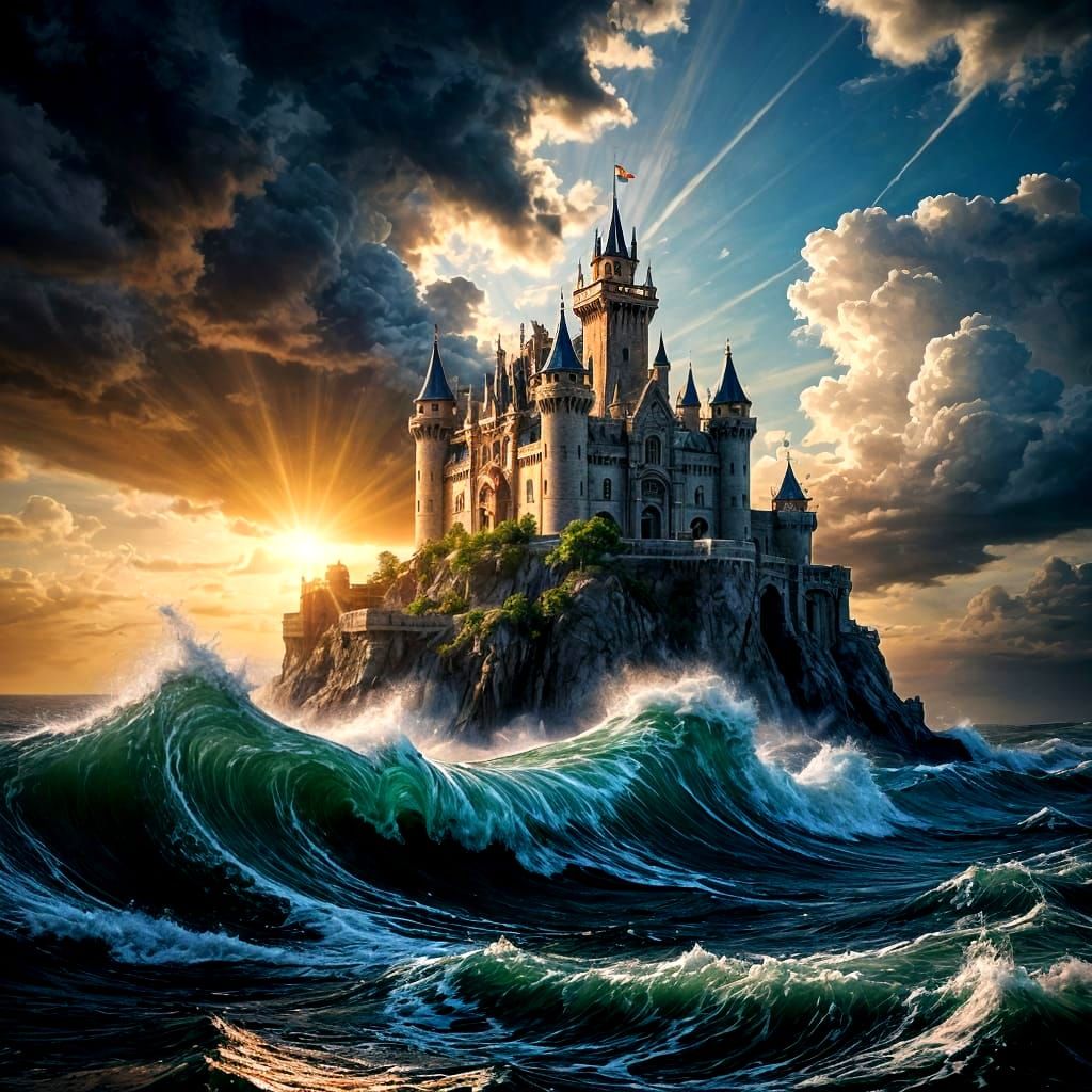 Ornate Ocean Castle in Dramatic Sunlight: Digital Matte Pain...