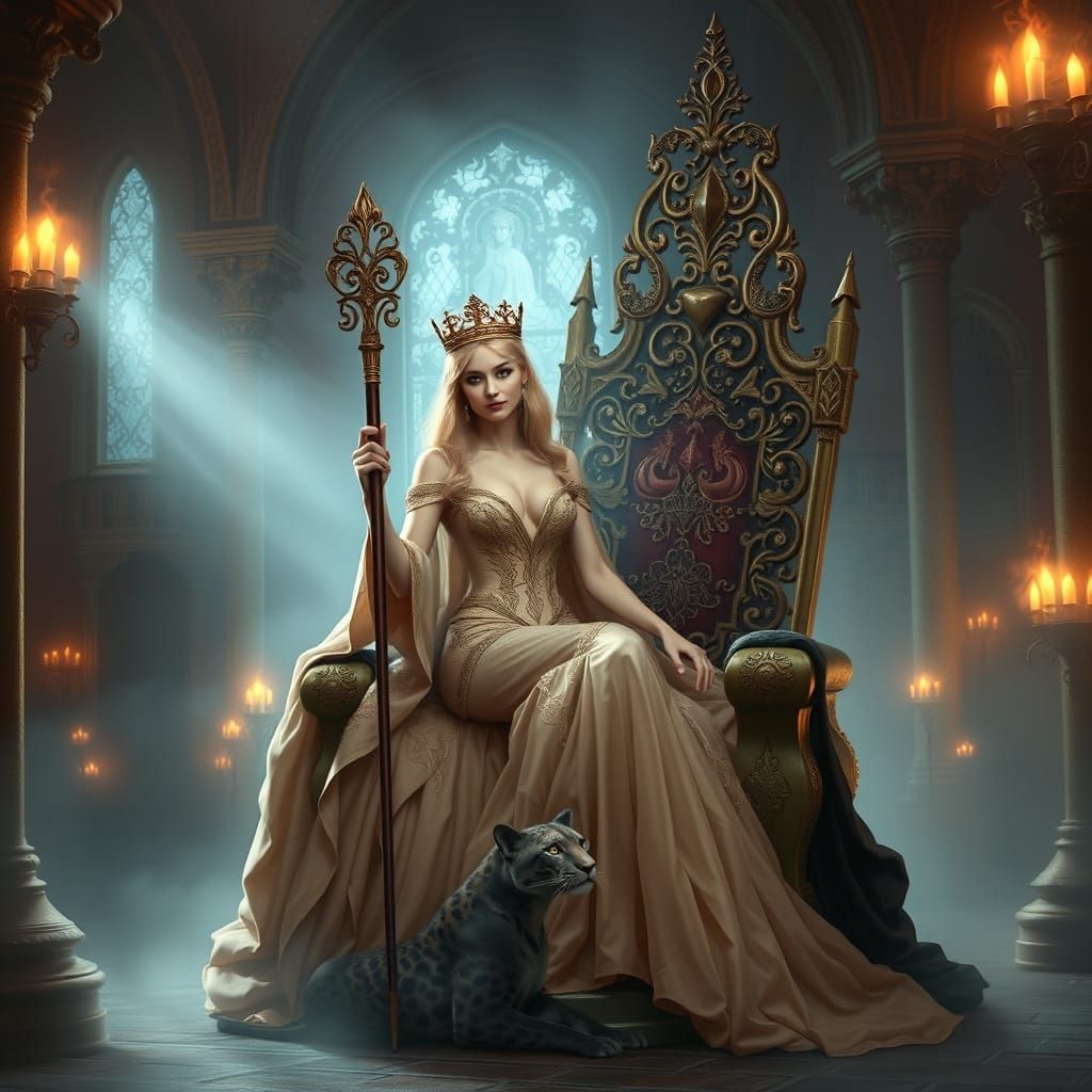 Regal Queen with Panther in Mystical Palace