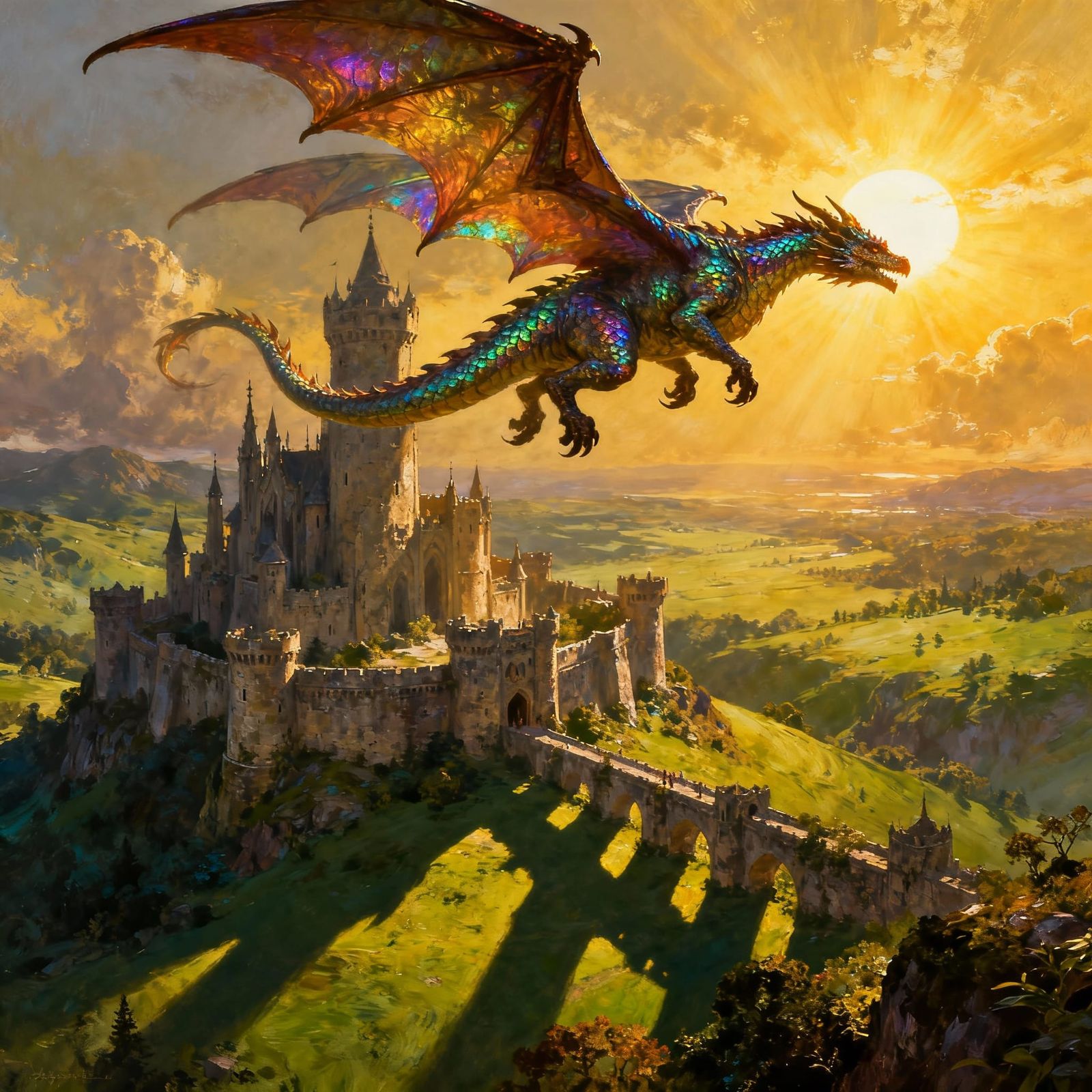 Majestic Dragon Over Castle in Epic Fantasy Concept Art Styl...