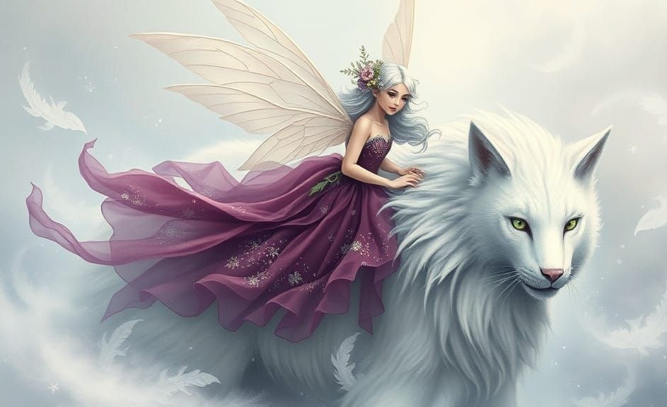Whimsical Fairy Rides Frost Cat Through Enchanted Mist