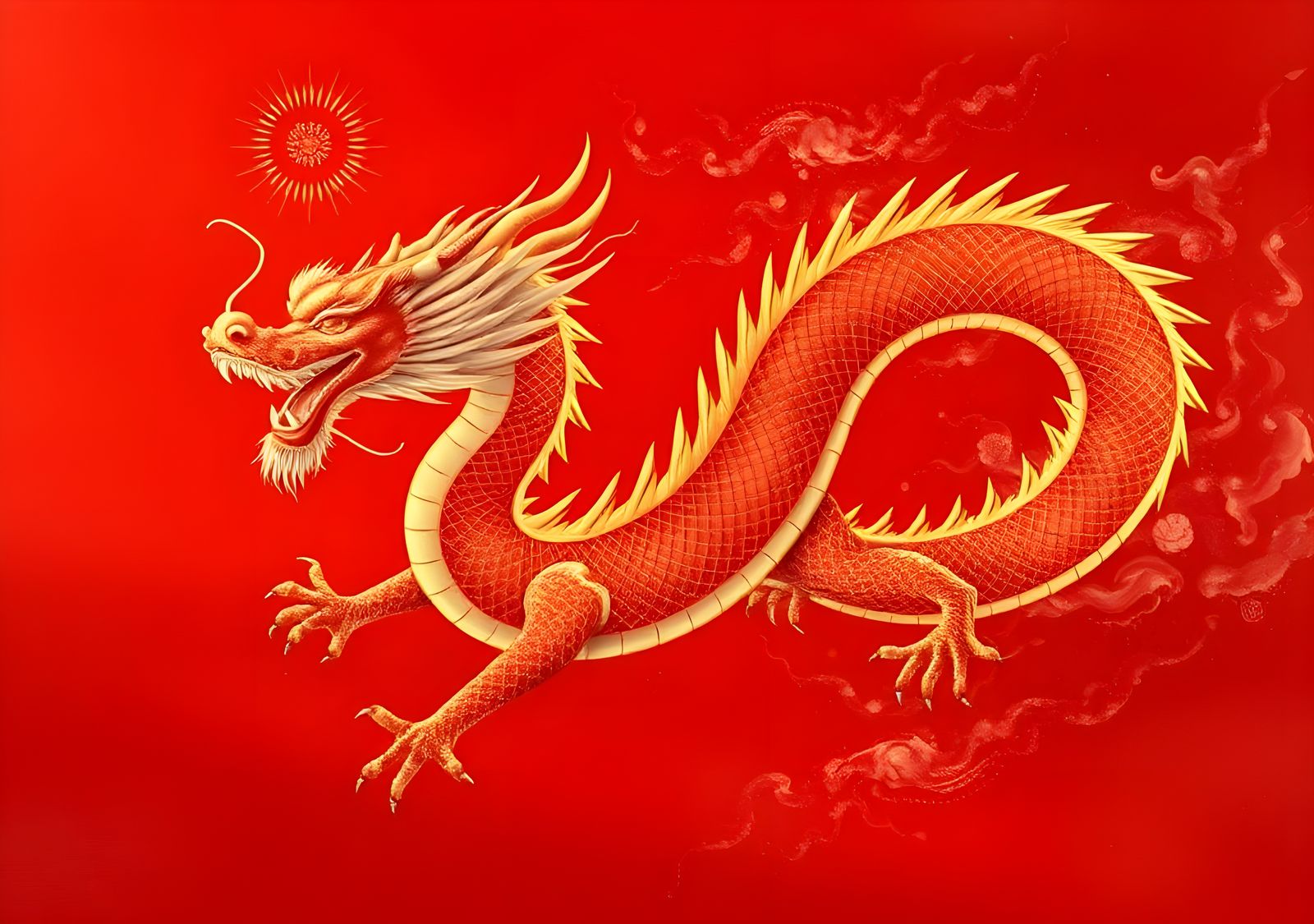 Chinese Dragon on Red Background: Fantasy Art