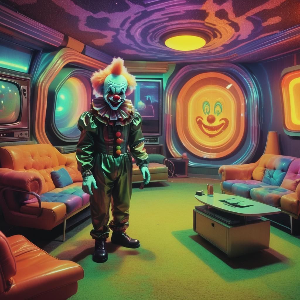 Clown Creature in Retro Living Room with VHS Glitches