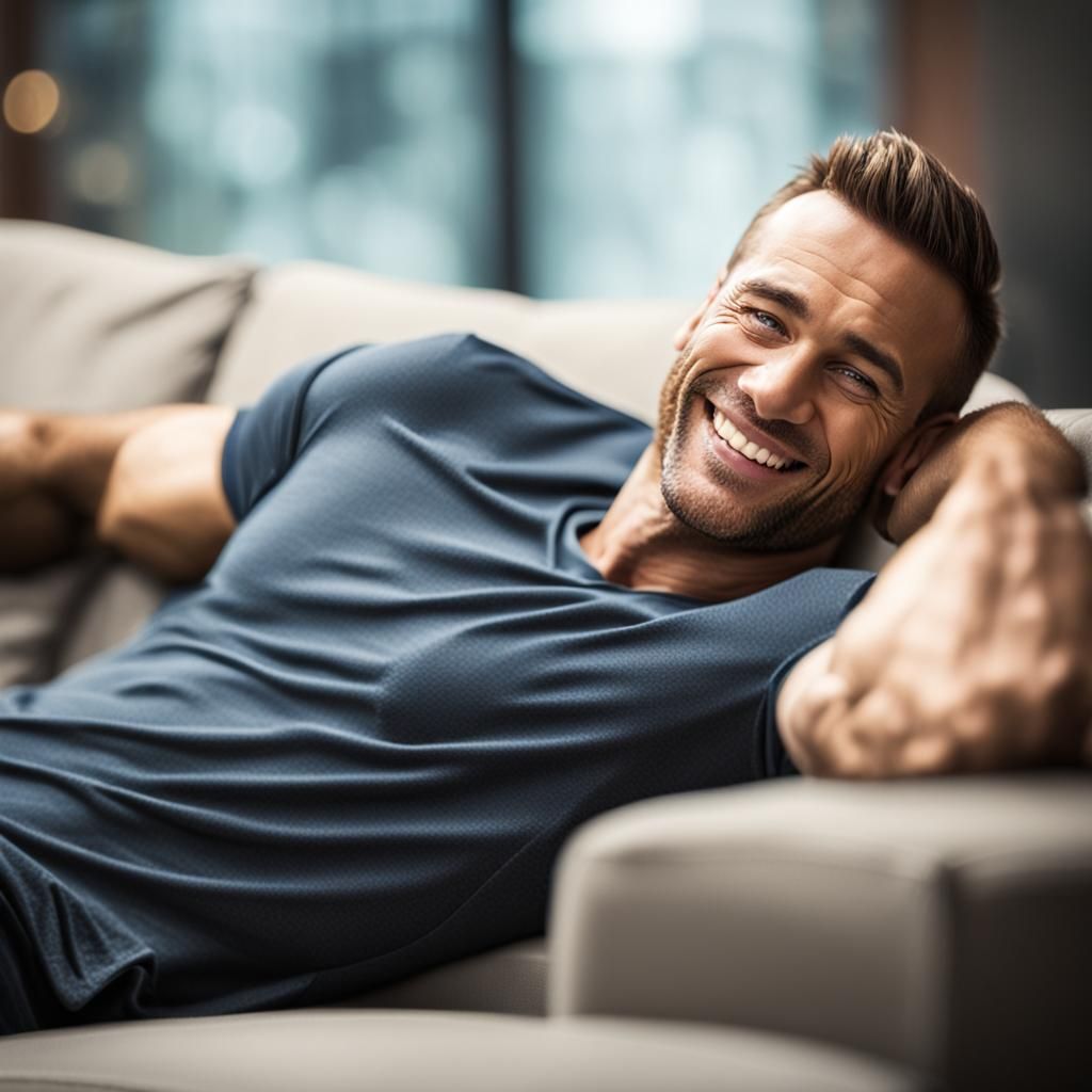 Smiling Shirtless Man on Couch: Professional Photography