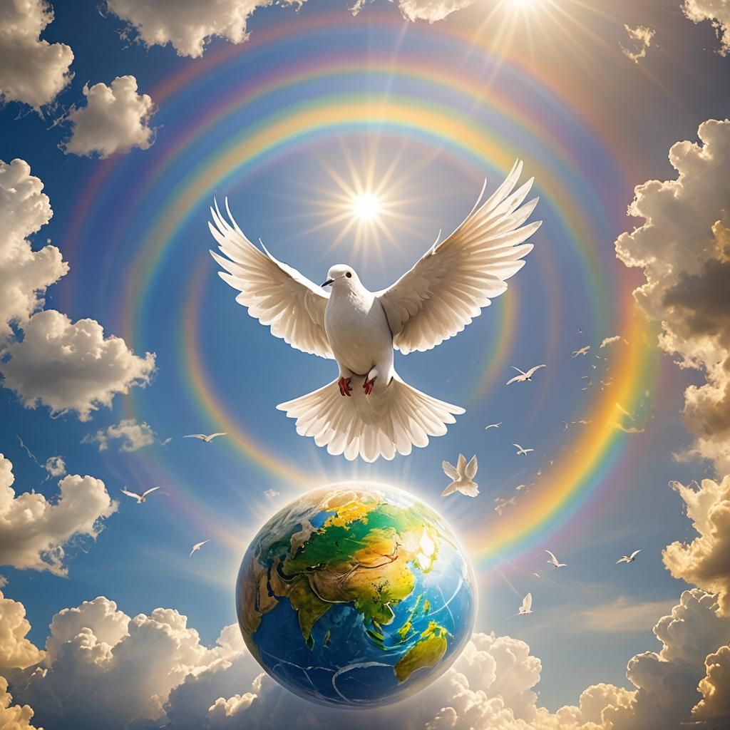 Dove Over Globe with Rainbow and Sunshine
