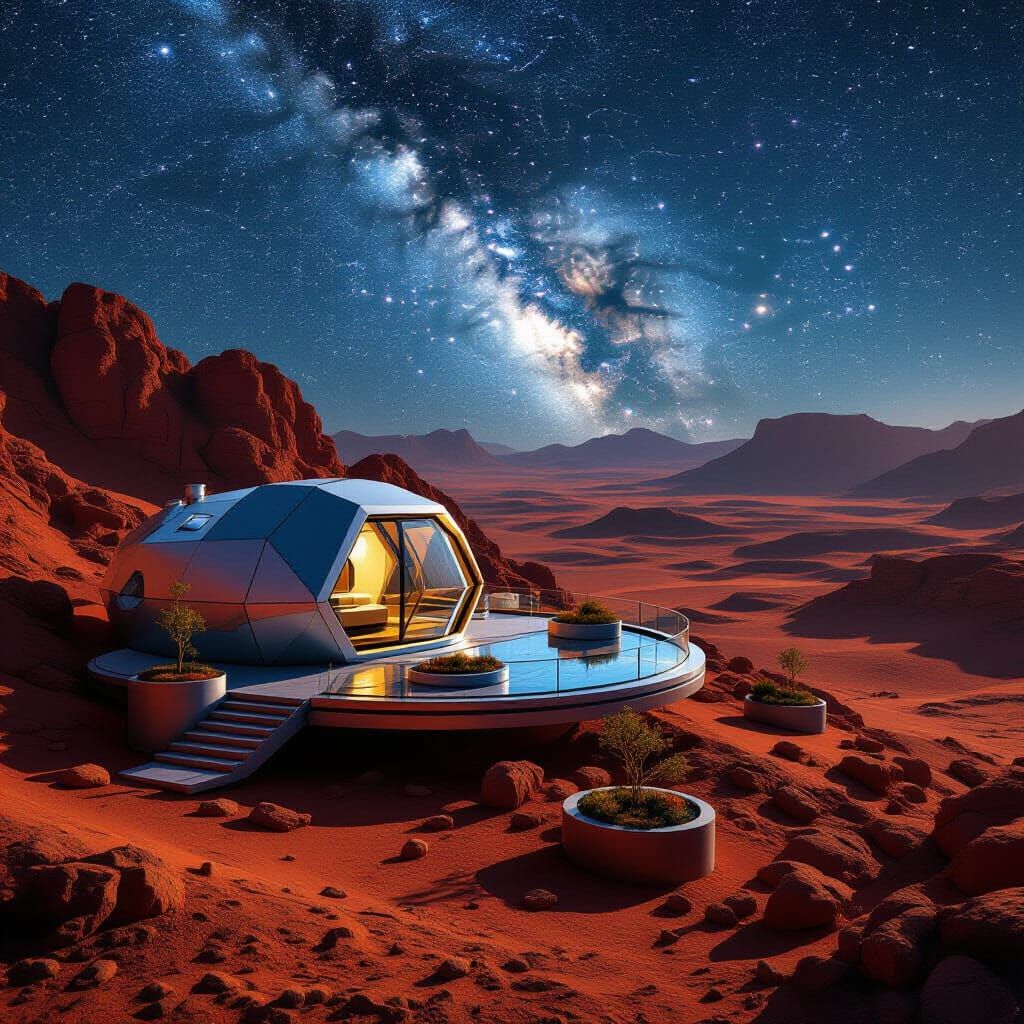 Futuristic mountain home on Mars at night