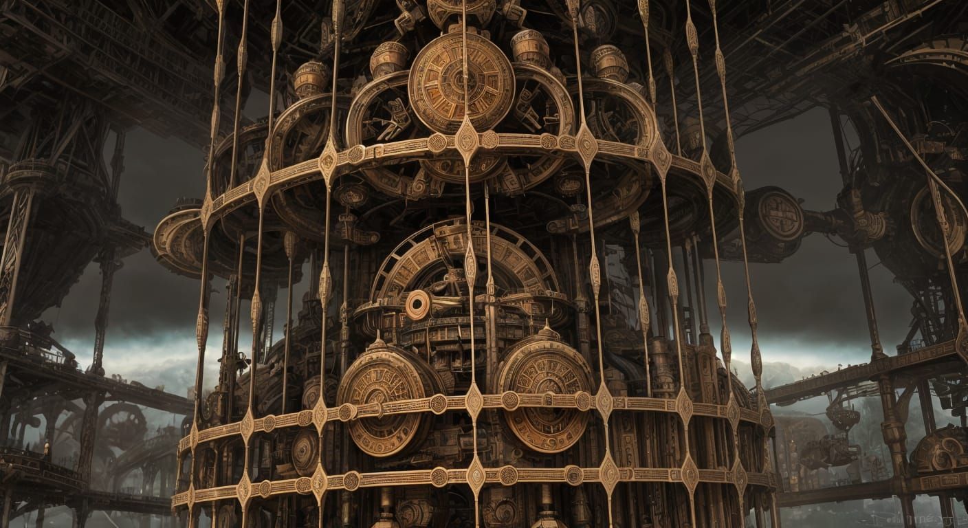 Steel Mega-Structure Orbiting Earth in Retrowave Style