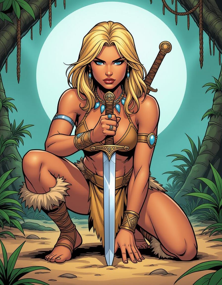 Comic Book Style Barbarian Woman with Sword