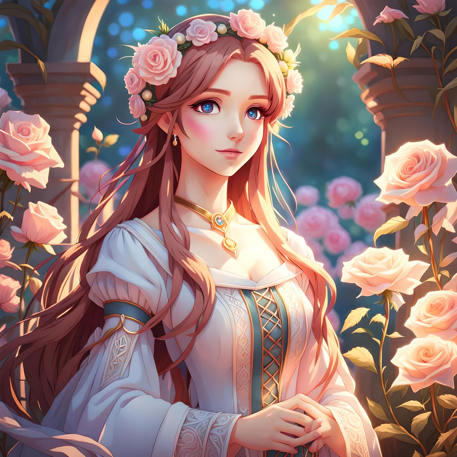 Noble Lady in a Glowing Anime Garden