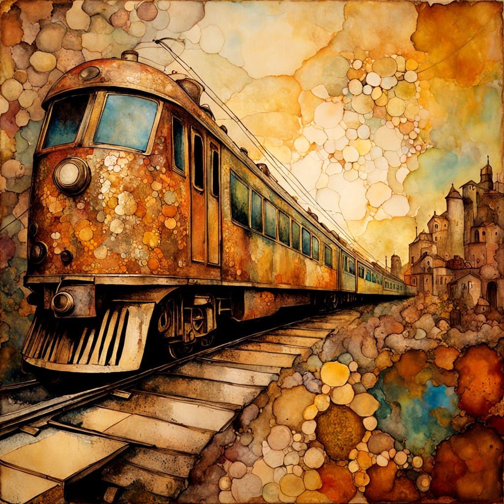 Train Amidst Vibrant, Worn Cityscape in Surrealist Style