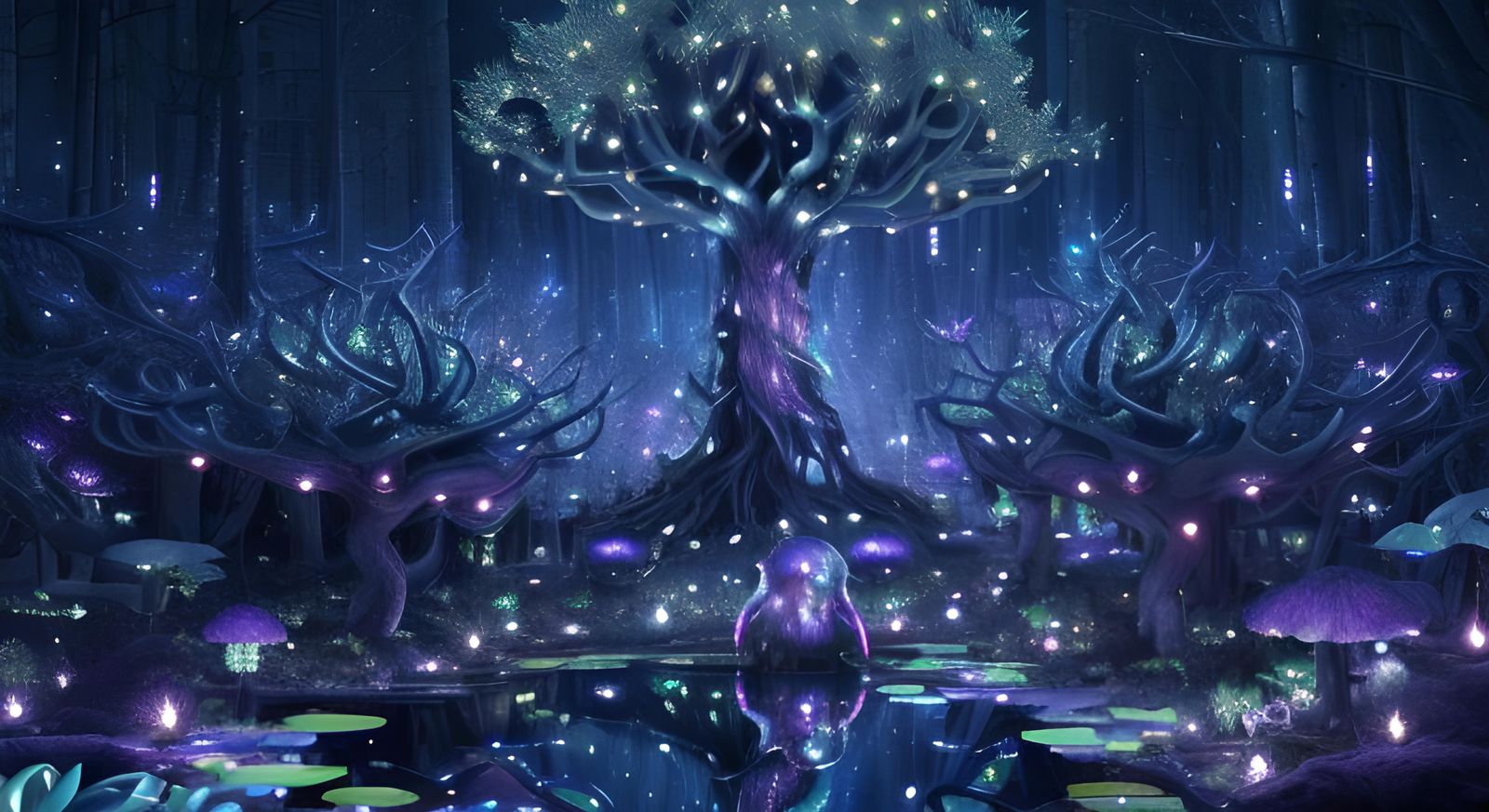 Nighttime Alien Forest with Bioluminescent Flora