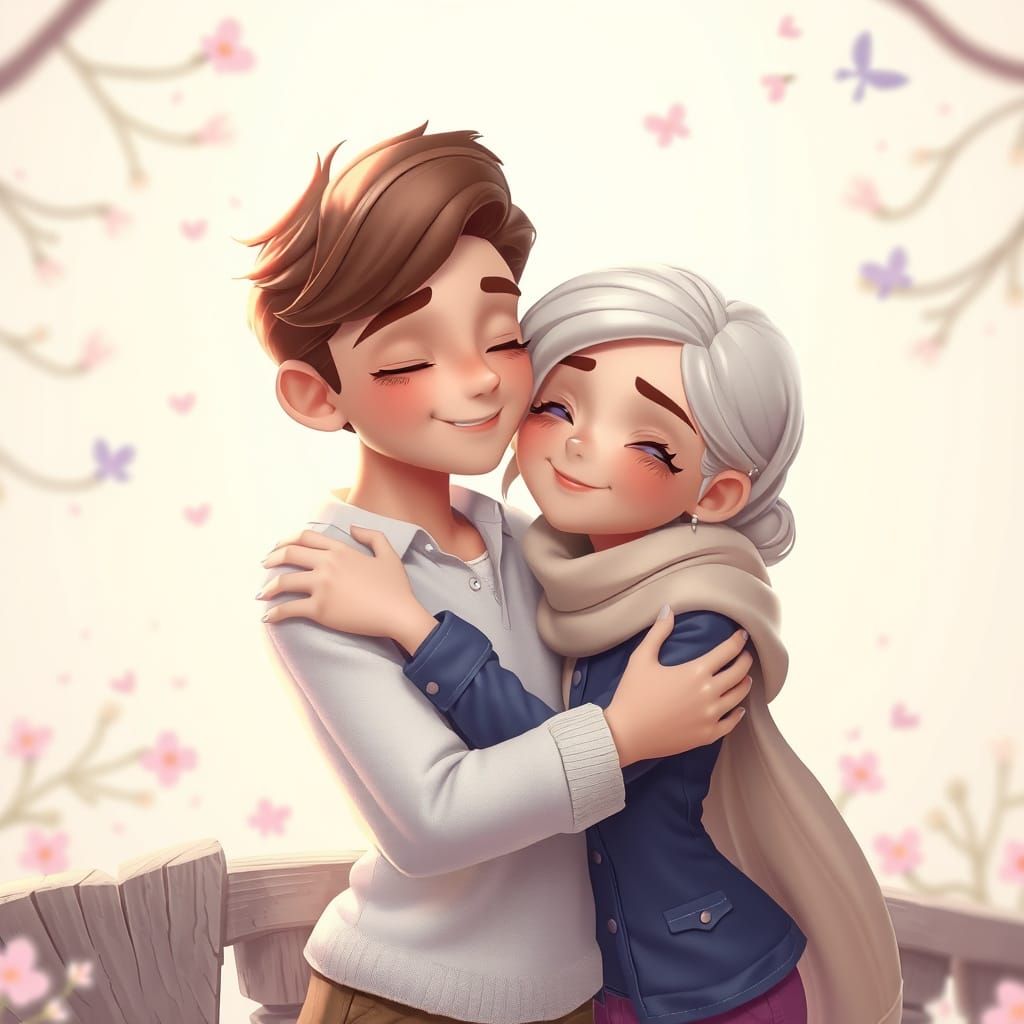 Young Couple Hugging in Dreamlike Pastel Wonderland