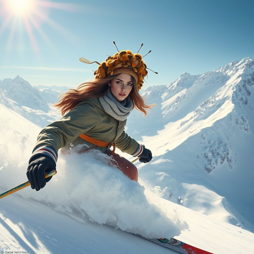 Woman Skier with Bee Hat on Snowy Mountain