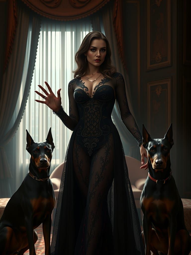 Mysterious Woman with Dobermans in Noir Style