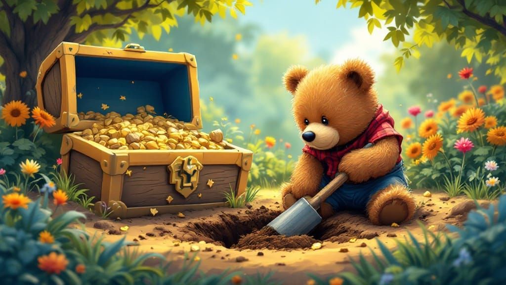 Teddy Bear Buries Treasure: Cel-Shaded Digital Art