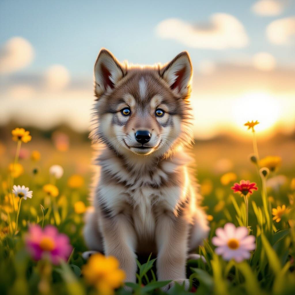 Adorable Fluffy Wolf Pup in Flower Field