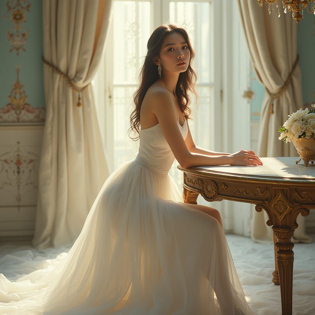 Dreamlike Digital Art: Elegant Woman in Flowing White Gown