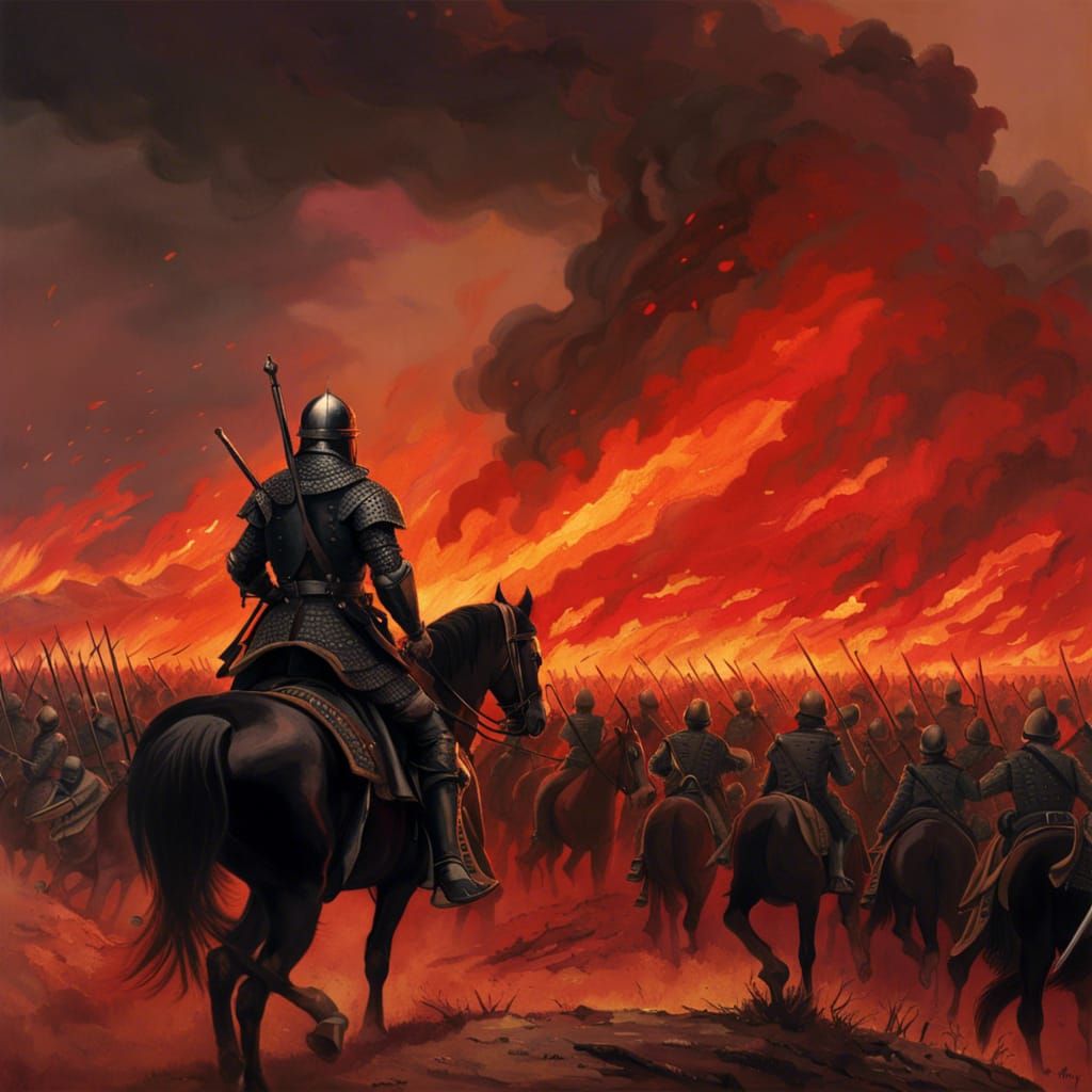 Knight Charges Army on Burning Battlefield