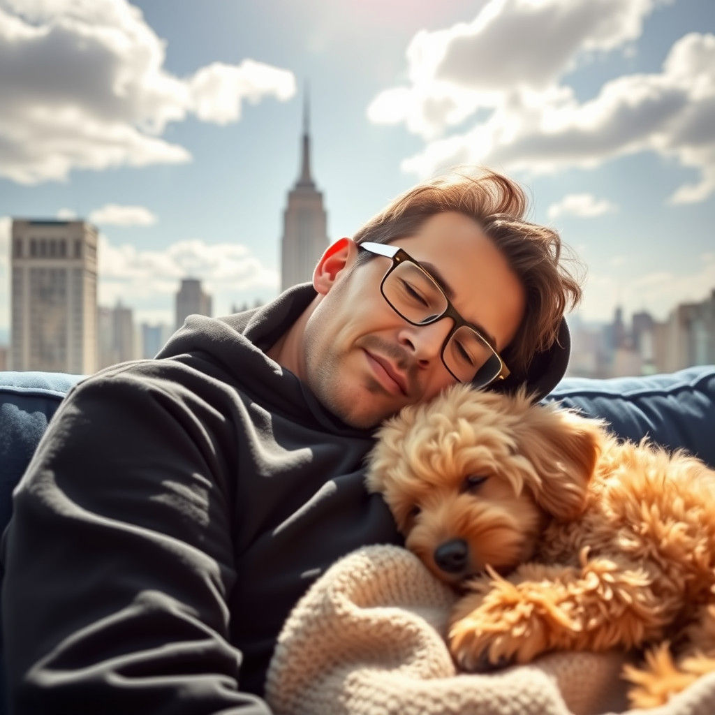 Man Sleeping with Dog and Empire State View