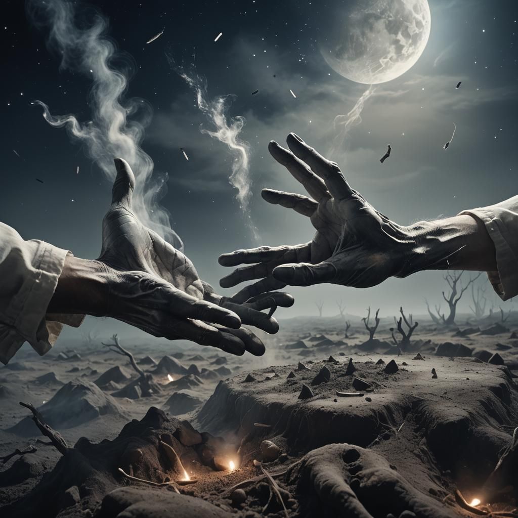 Surreal Bony Hands in Moonlit Nightscape