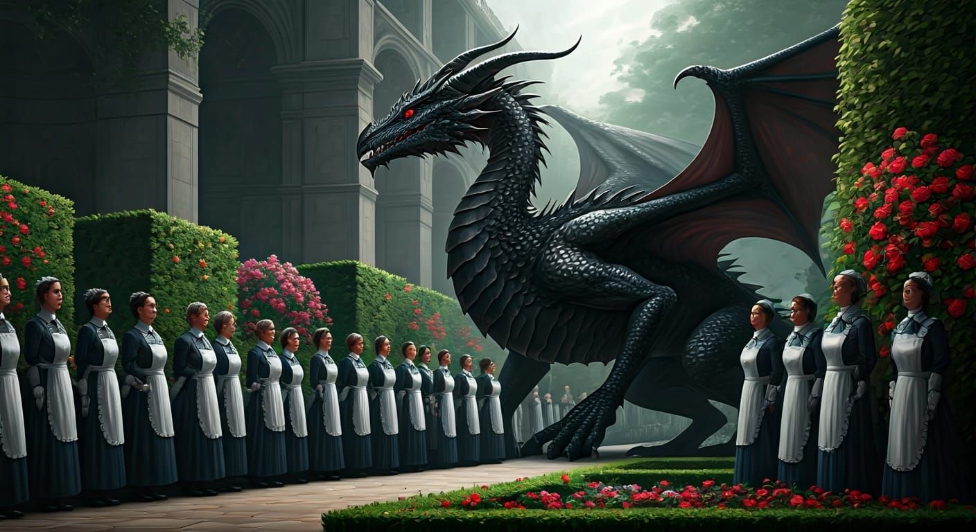 Dragon Surveys Servants in Ornate Garden