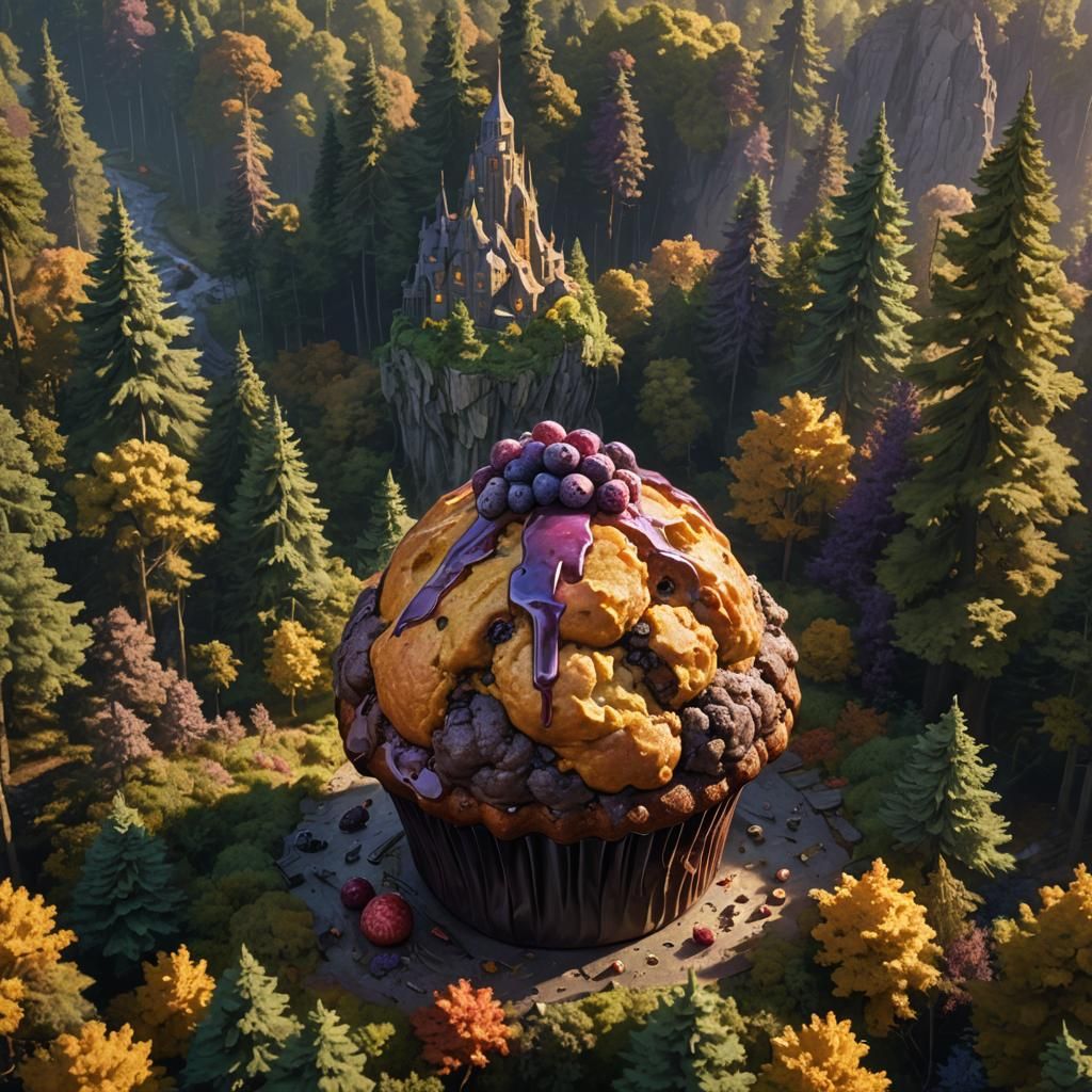 Giant Muffin in Forest, Art Nouveau Concept Art