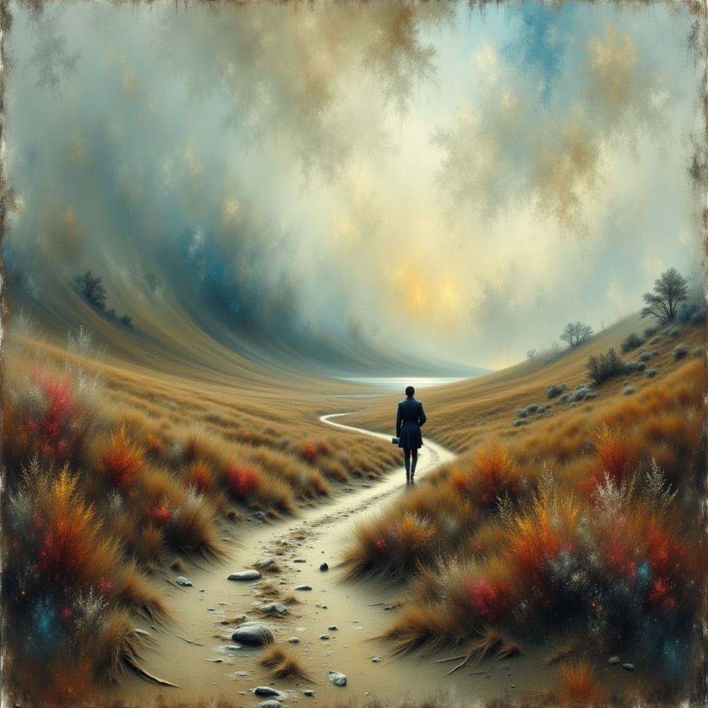 Oil Painting of Traveler in Vast Windswept Landscape