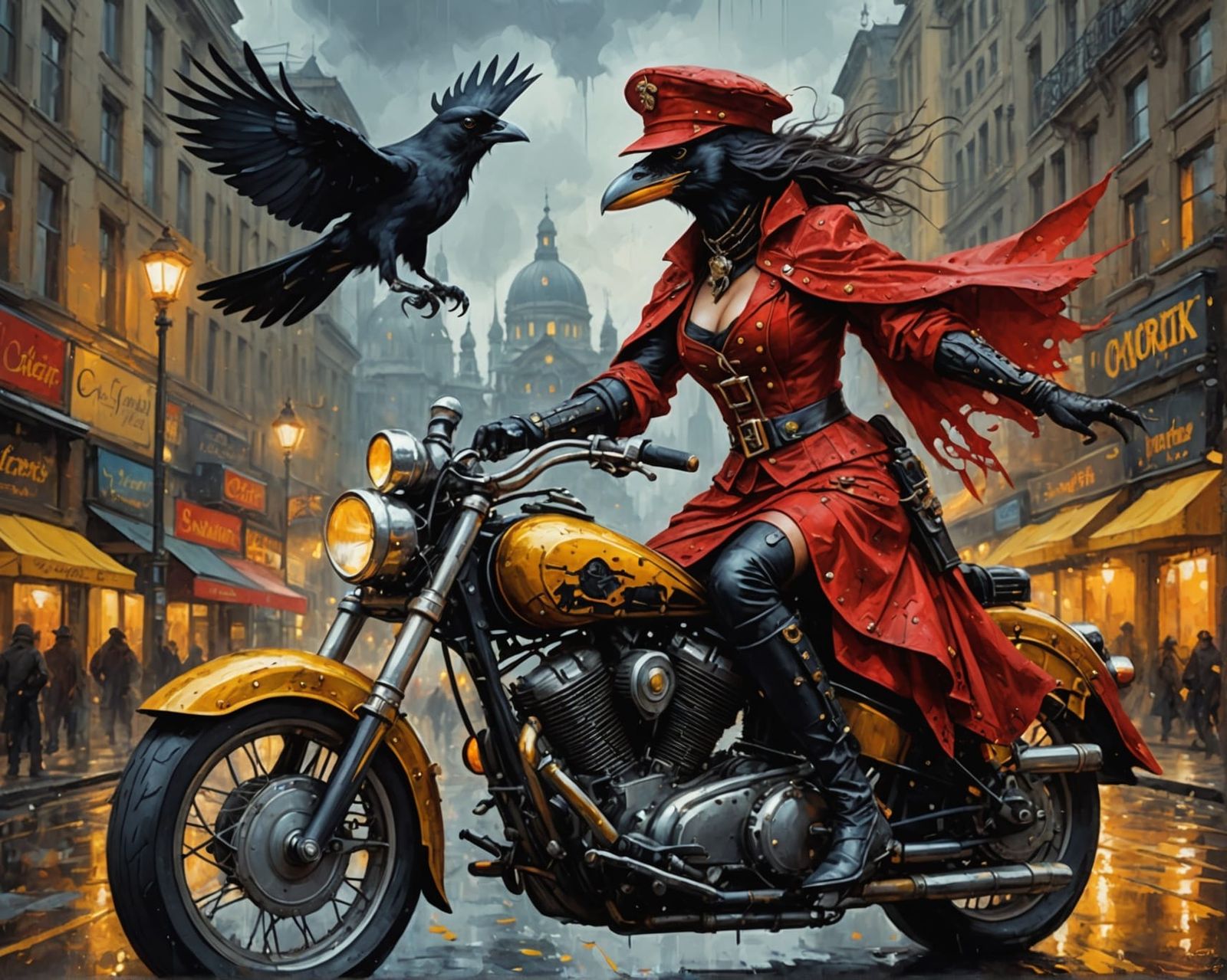 Steampunk Crow Rides Motorcycle in Vivid Oil Painting