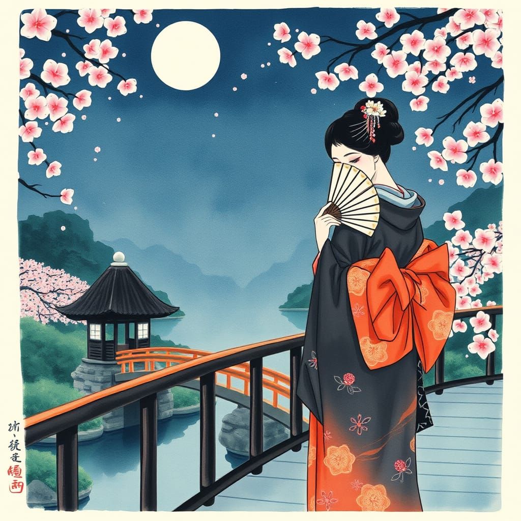Moonlit Geisha on Japanese Garden Bridge