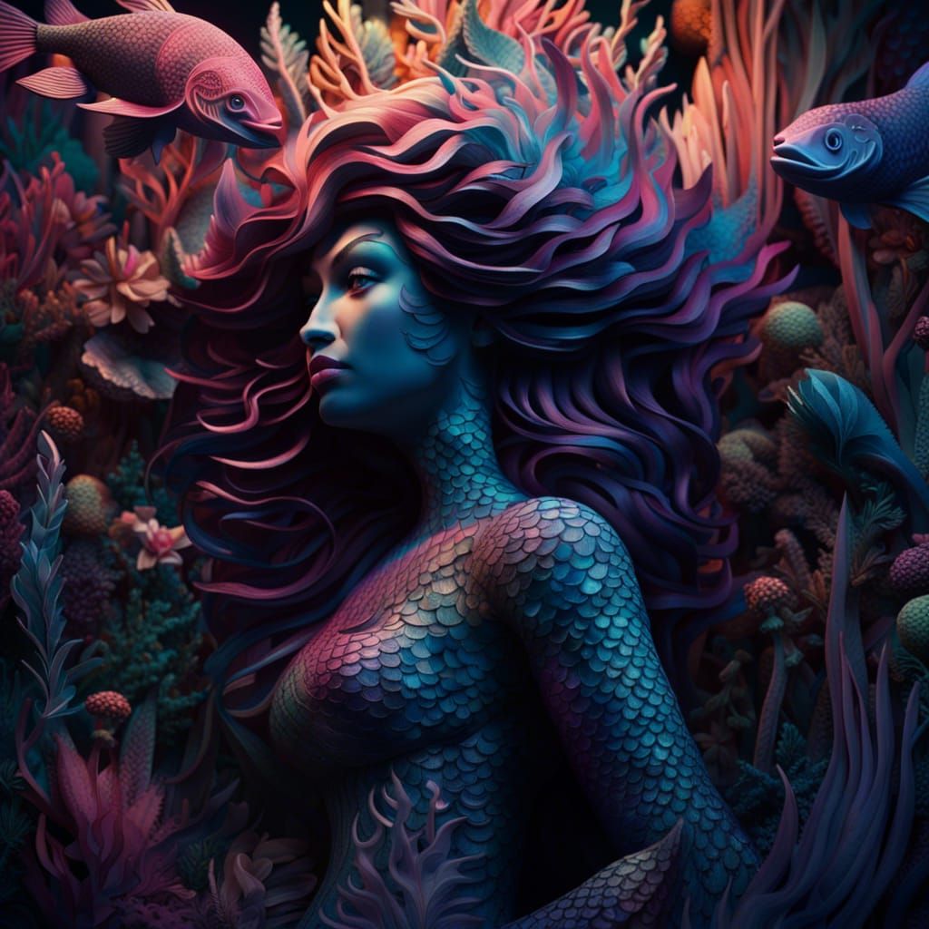 Psychedelic 3D Mermaid with Paper Cut Effects
