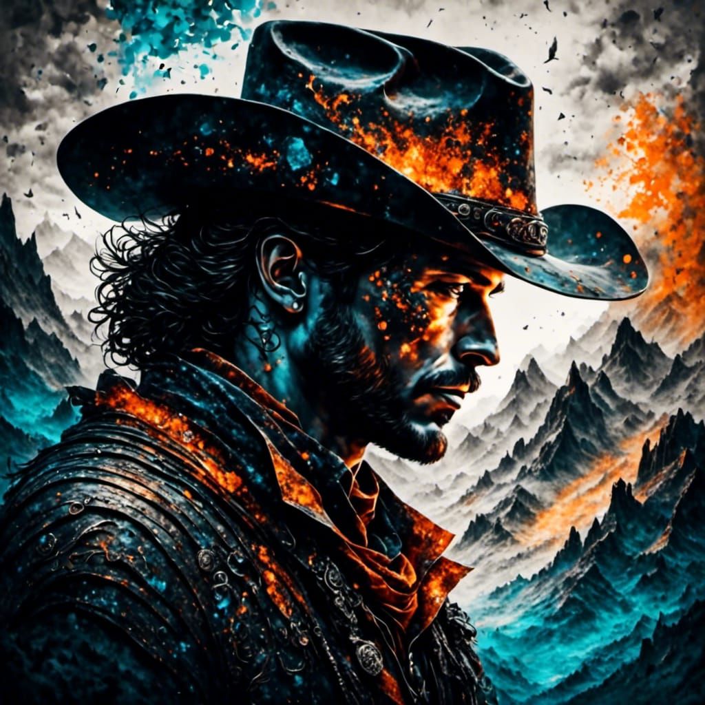 Cowboy Silhouette with Geode Pattern on Cloudy Sky