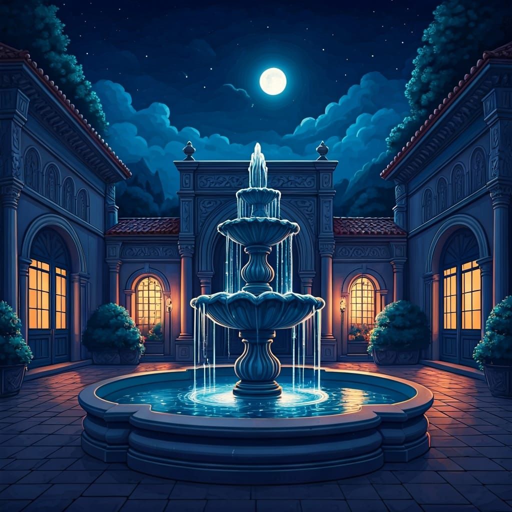 Moonlit Fountain in Courtyard Garden: Painterly Style