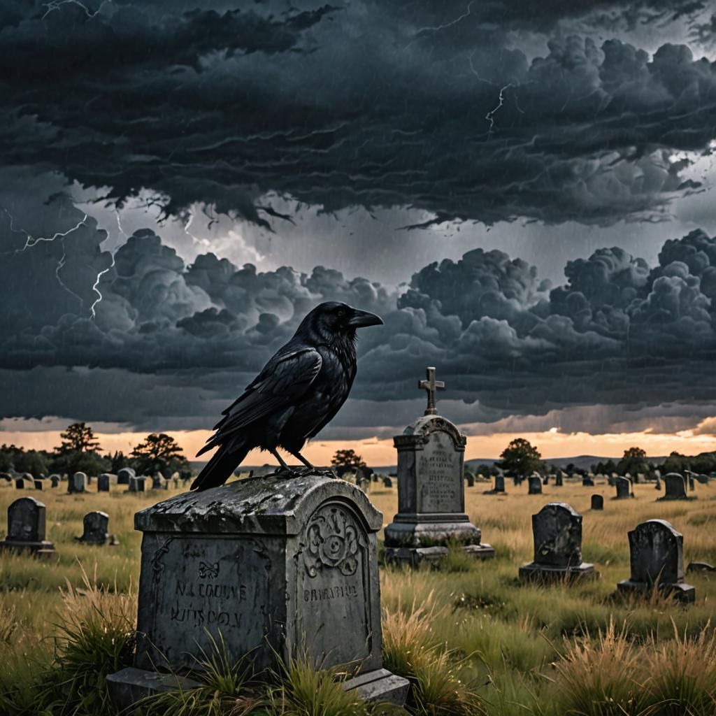 Raven on Gravestone Under Twilight Storm