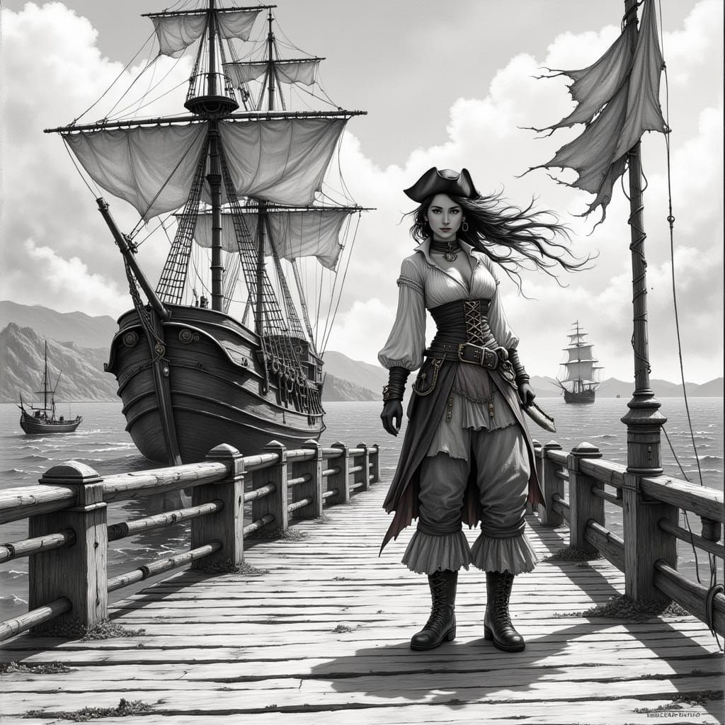 Anime Lady Pirate and Male Pirate on Ship