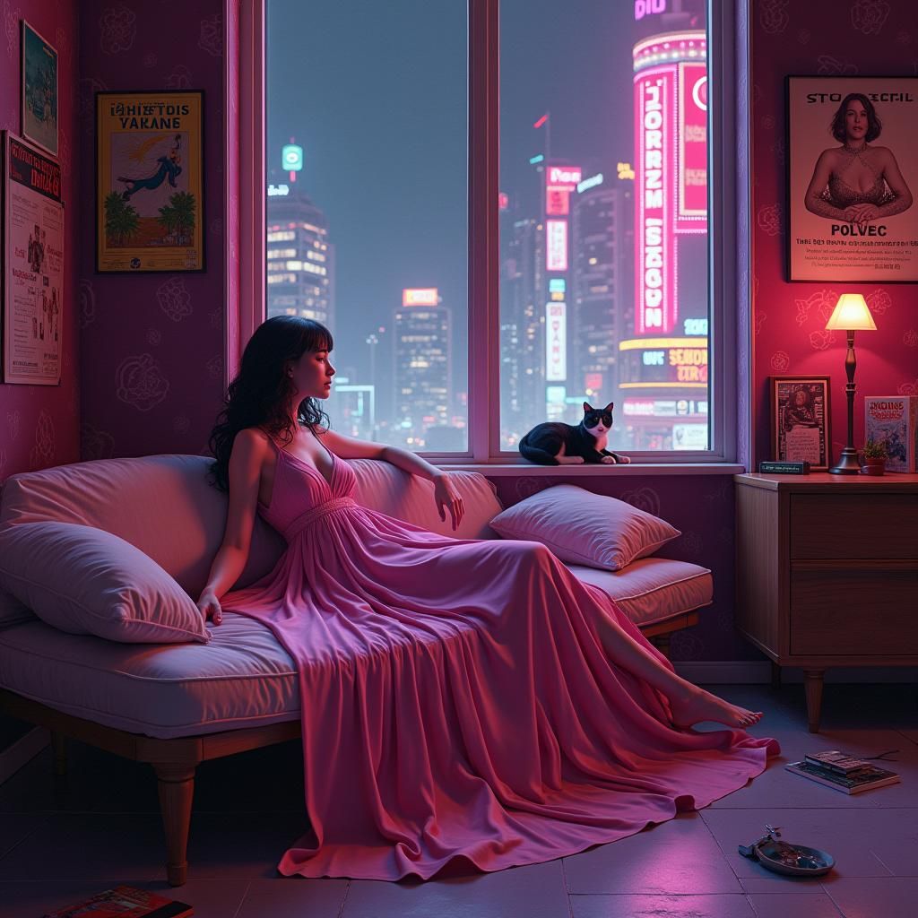 Woman on Daybed in Plum-Purple Room in Retro-Futuristic Styl...