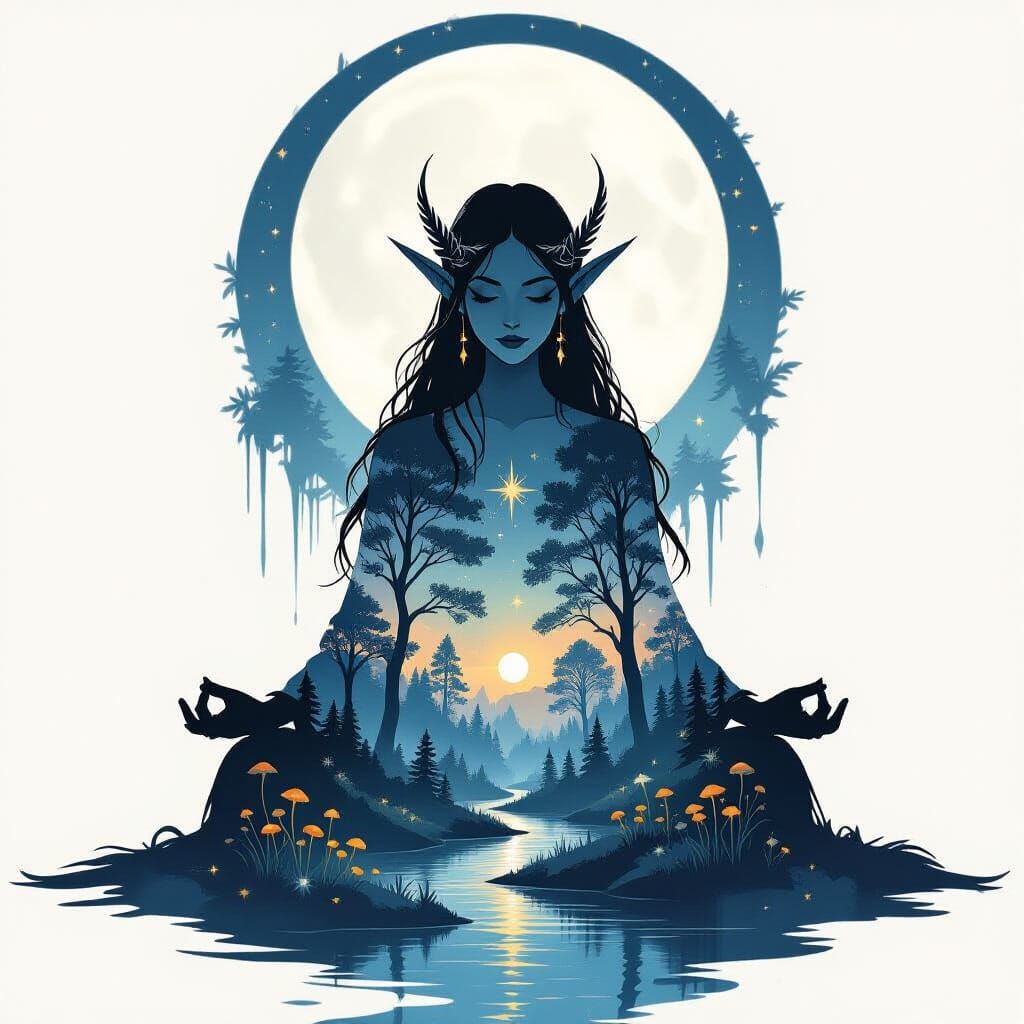 Elf Meditating in Moonlit Forest Double Exposure