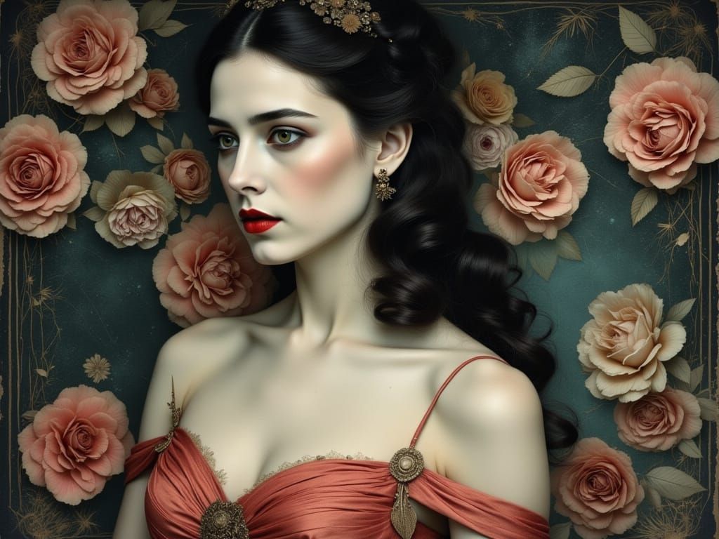 Femme Fatale Portrait with Pink Splashes, French Vintage Sty...